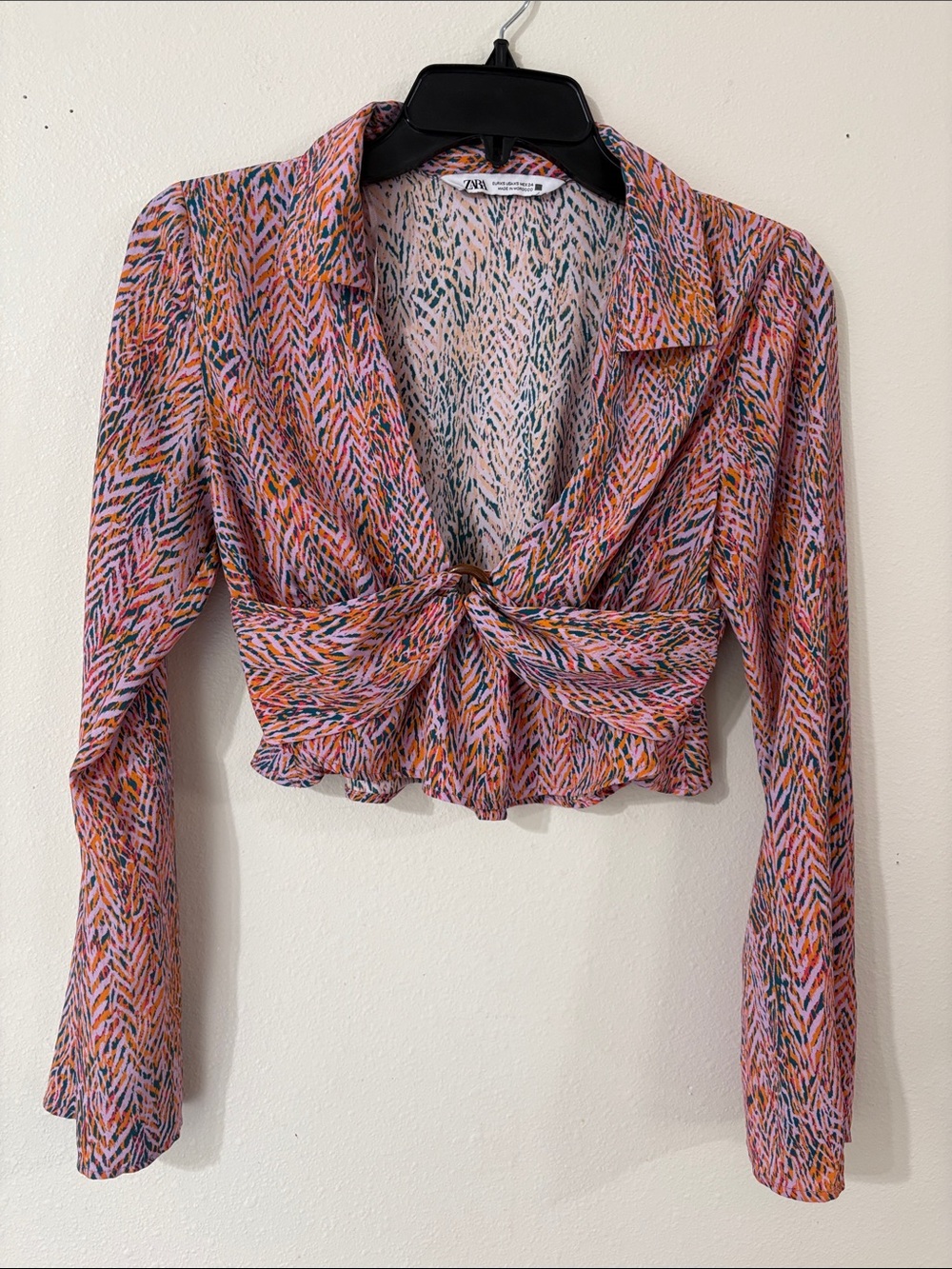 ZARA Cropped Long Sleeve Abstract Zebra Print Blouse Size XS